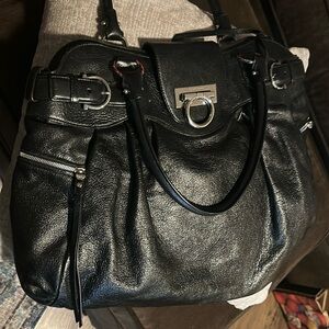 Salvatore Ferragamo Black Leather Shoulder Bag with Silver Hardware